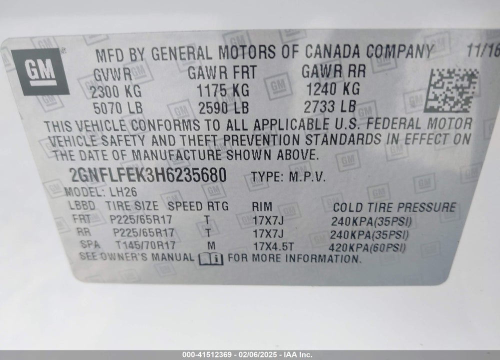 2017 CHEVROLET EQUINOX LT VIN: 2GNFLFEK3H6235680