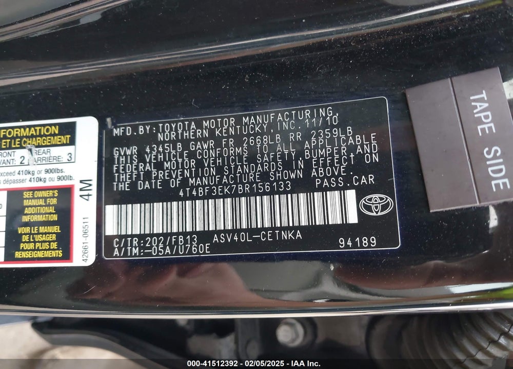2011 TOYOTA CAMRY LE VIN: 4T4BF3EK7BR156133