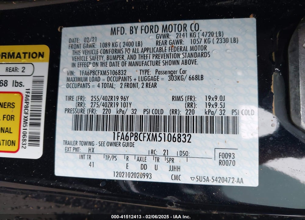 2021 FORD MUSTANG VIN: 1FA6P8CFXM5106832