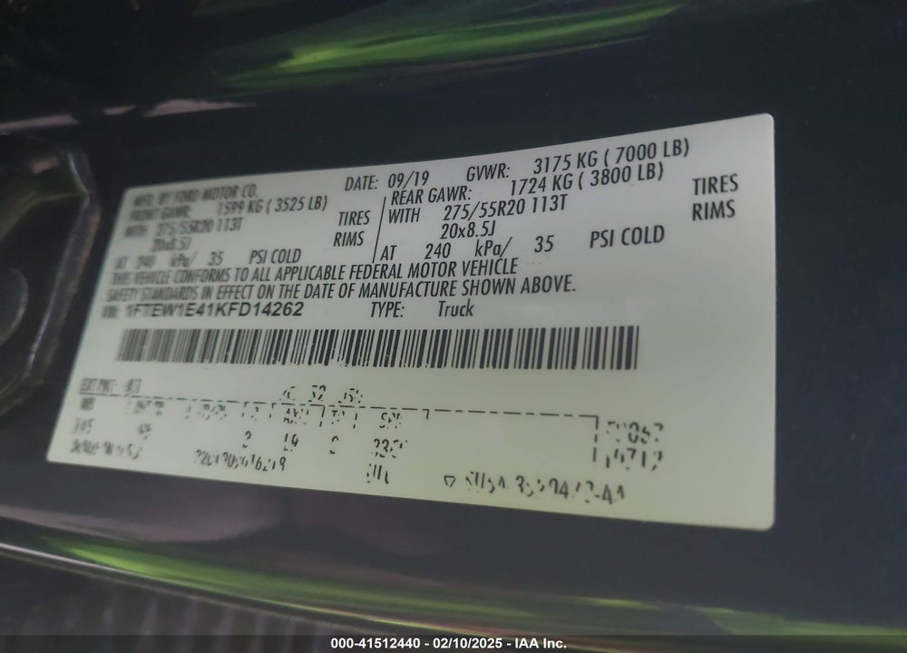 2019 FORD F-150 VIN: 1FTEW1E41KFD14262
