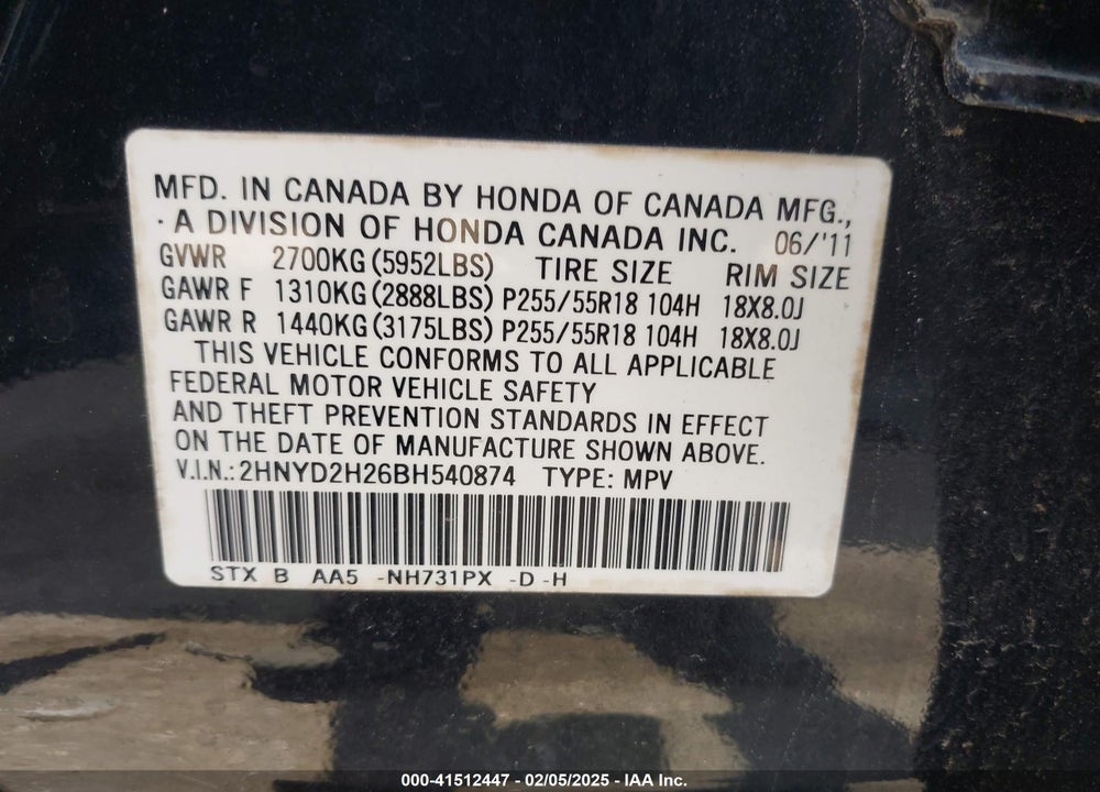 2011 ACURA MDX VIN: 2HNYD2H26BH540874