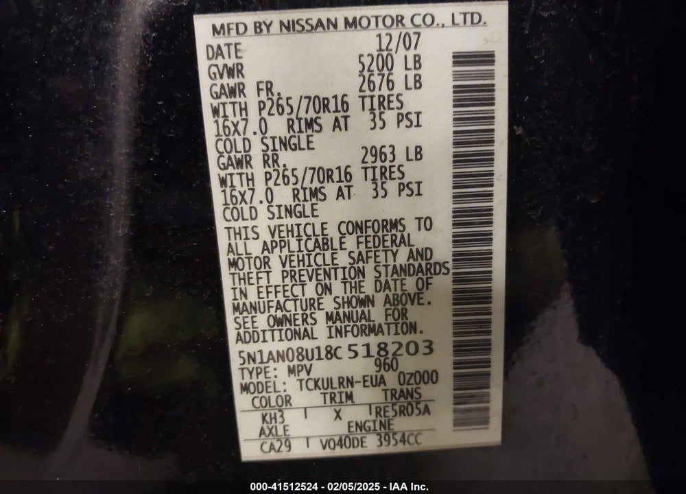 2008 NISSAN XTERRA S VIN: 5N1AN08U18C518203
