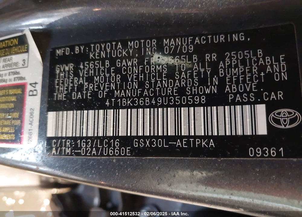 2009 TOYOTA AVALON VIN: 4T1BK36B49U350598