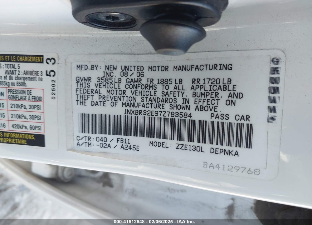2007 TOYOTA COROLLA VIN: 1NXBR32E97Z783584