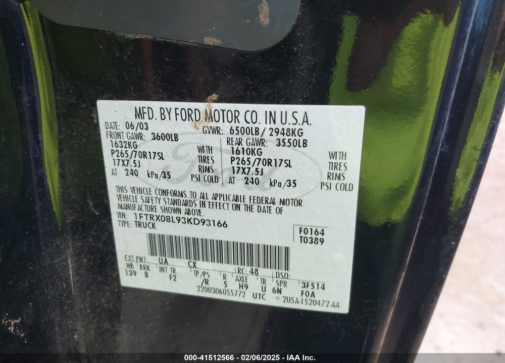 2003 FORD F-150 LARIAT/XL/XLT VIN: 1FTRX08L93KD93166