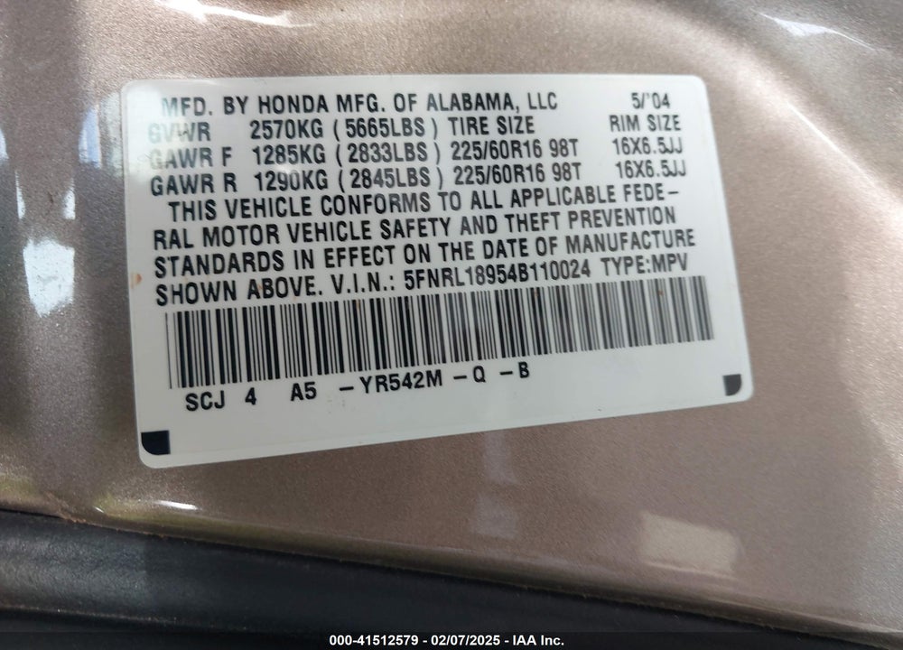 2004 HONDA ODYSSEY EXL VIN: 5FNRL18954B110024
