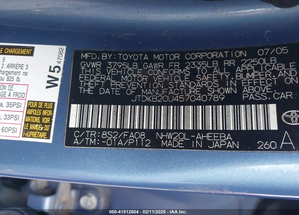 2005 TOYOTA PRIUS VIN: JTDKB20U457040789