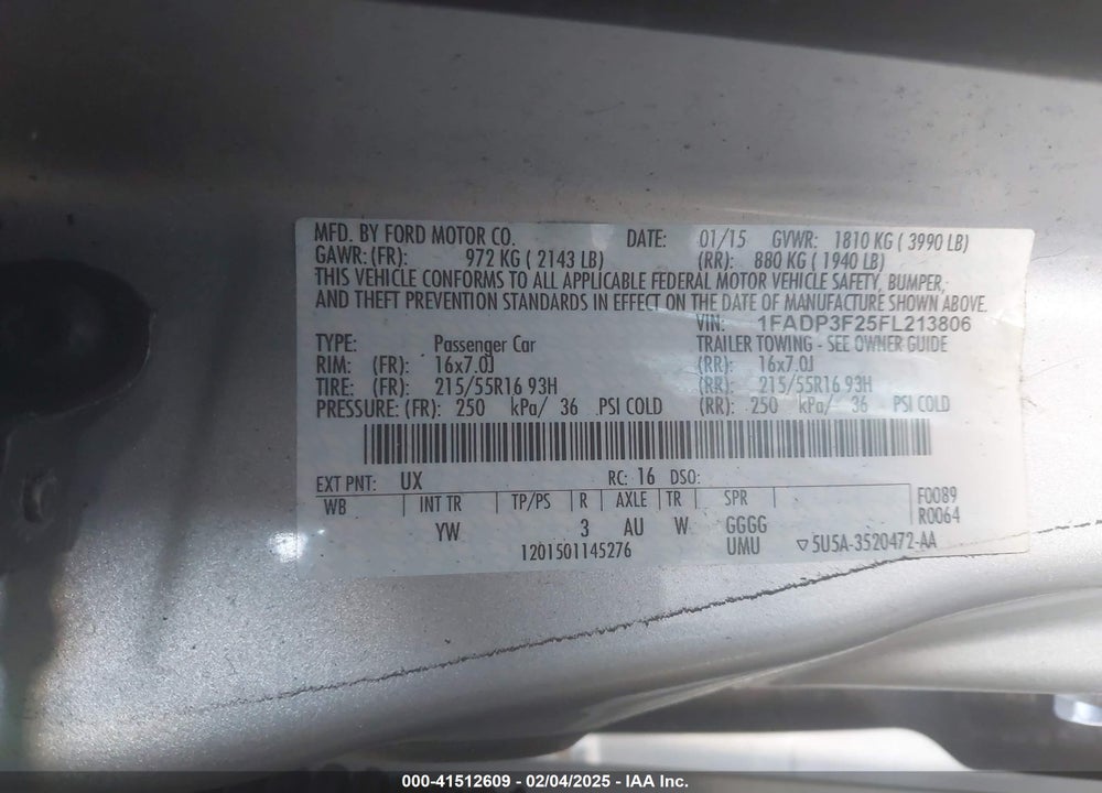 2015 FORD FOCUS VIN: 1FADP3F25FL213806