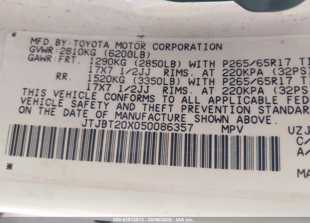 2005 LEXUS GX 470 VIN: JTJBT20X050086357