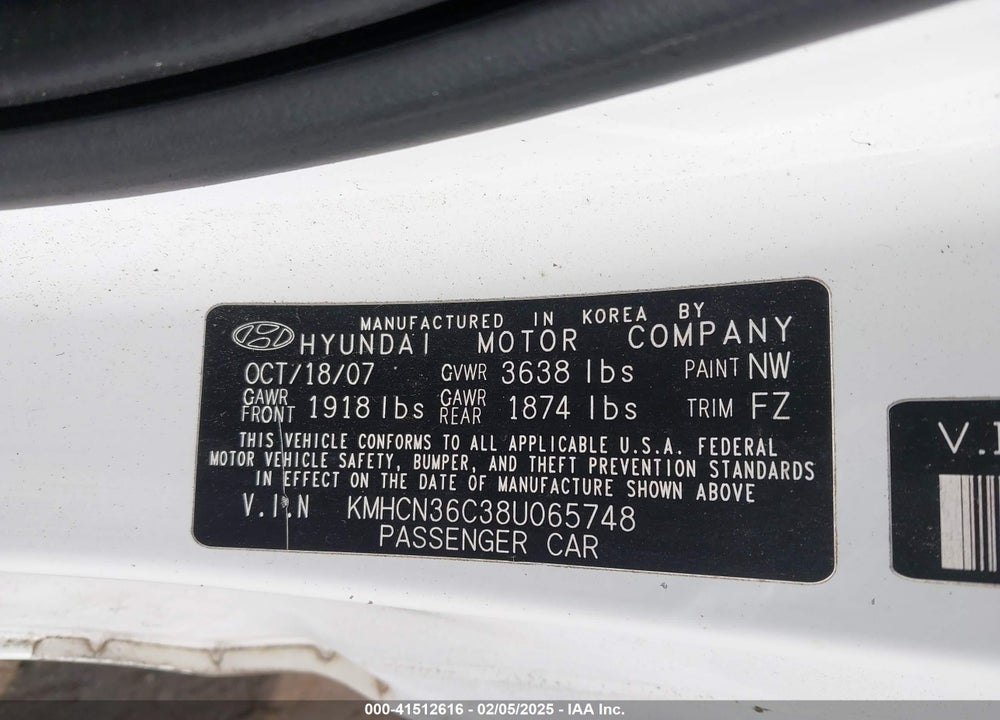 2008 HYUNDAI ACCENT SE VIN: KMHCN36C38U065748