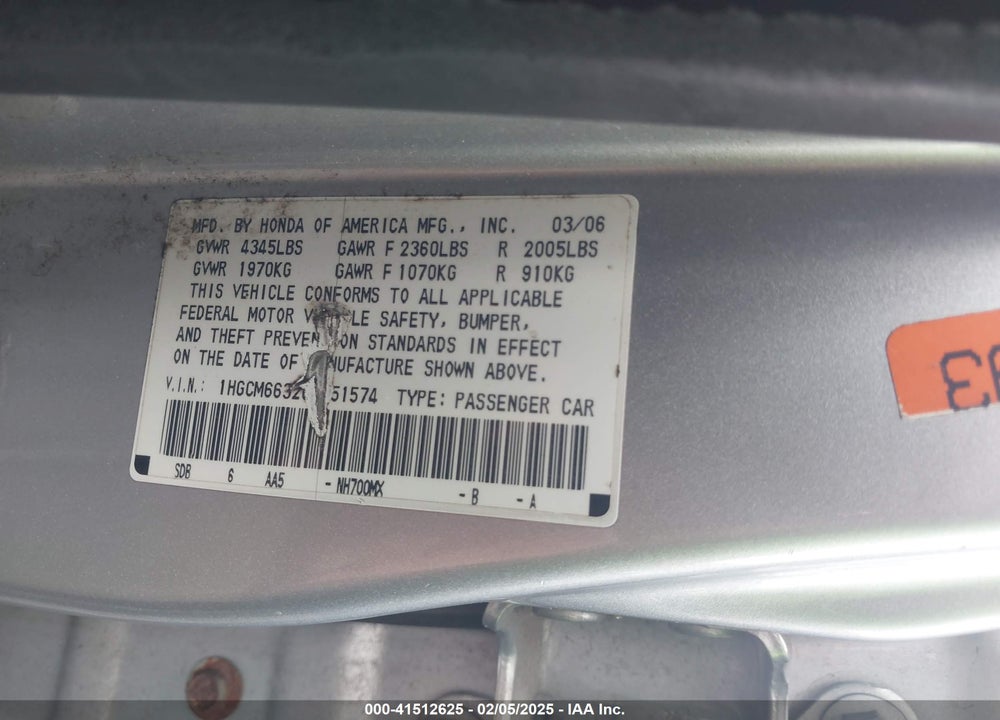 2006 HONDA ACCORD VIN: 1HGCM66326A051574