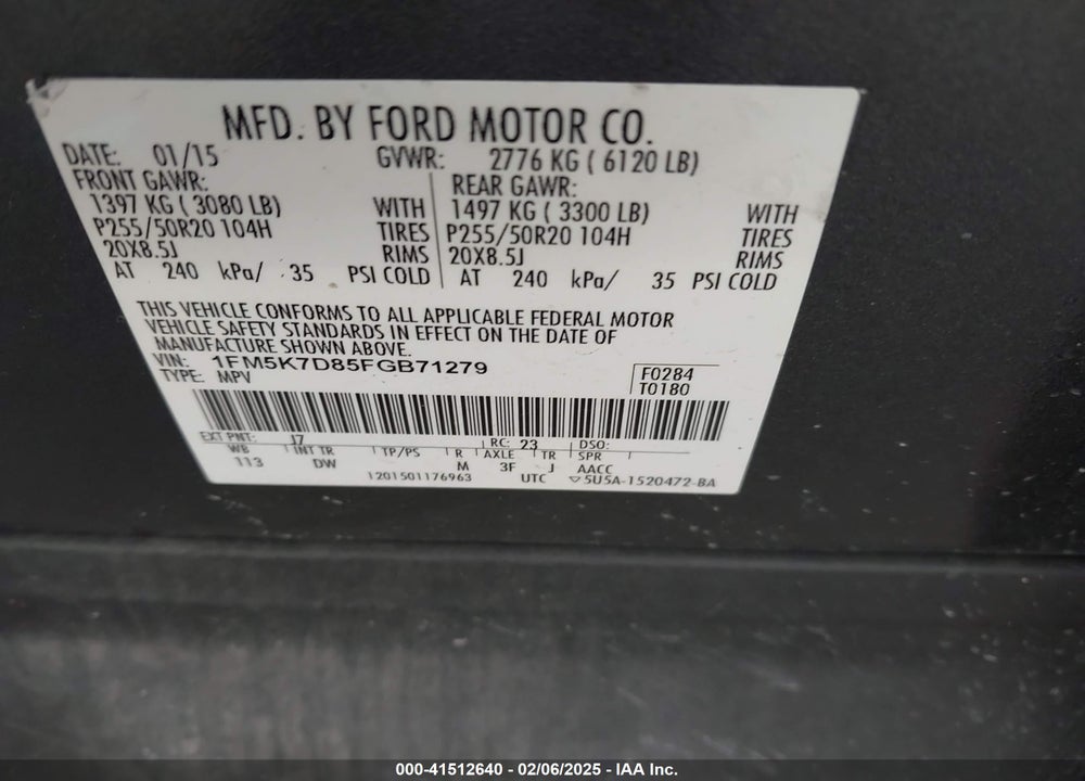 2015 FORD EXPLORER XLT VIN: 1FM5K7D85FGB71279