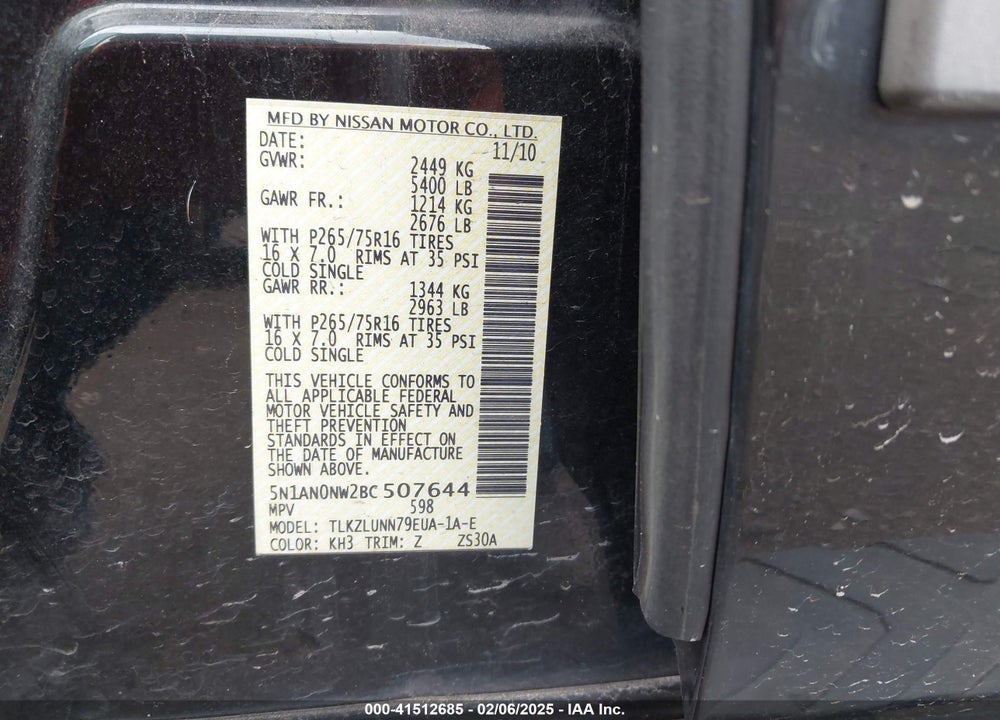2011 NISSAN XTERRA VIN: 5N1AN0NW2BC507644