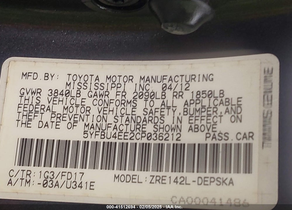 2012 TOYOTA COROLLA S VIN: 5YFBU4EE2CP036212