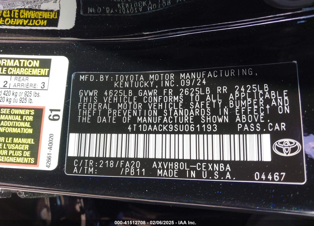 2025 TOYOTA CAMRY VIN: 4T1DAACK9SU061193