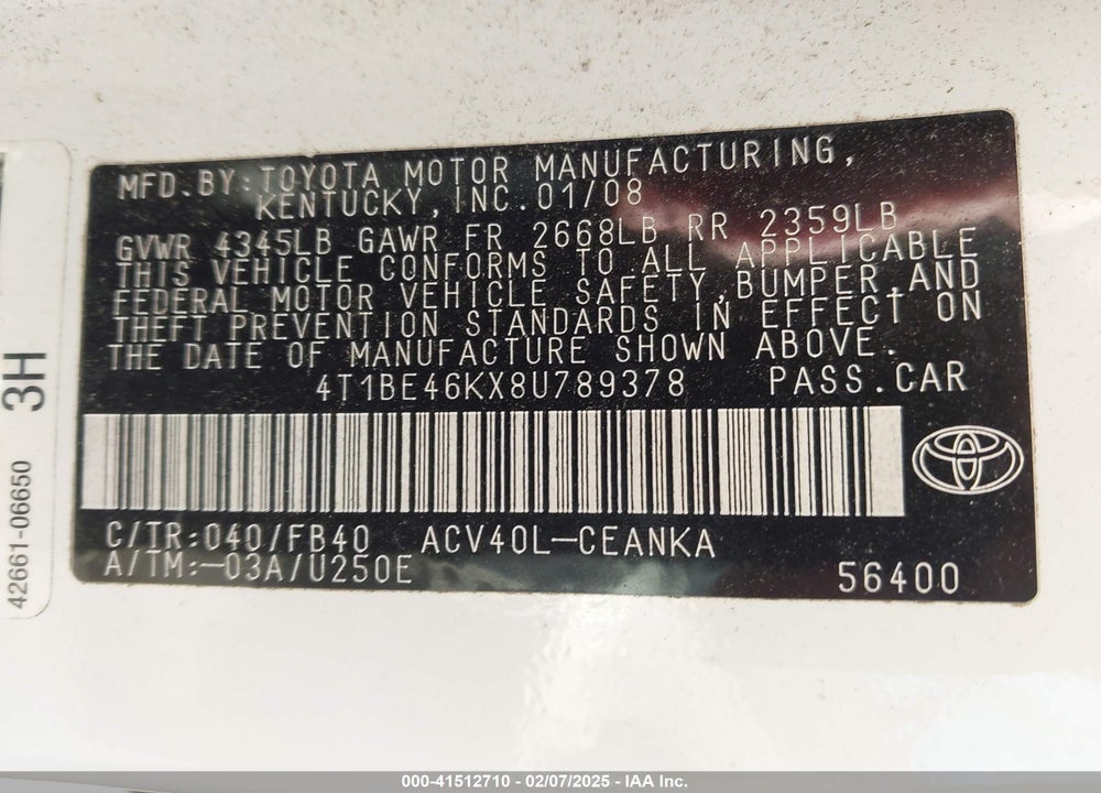 2008 TOYOTA CAMRY VIN: 4T1BE46KX8U789378