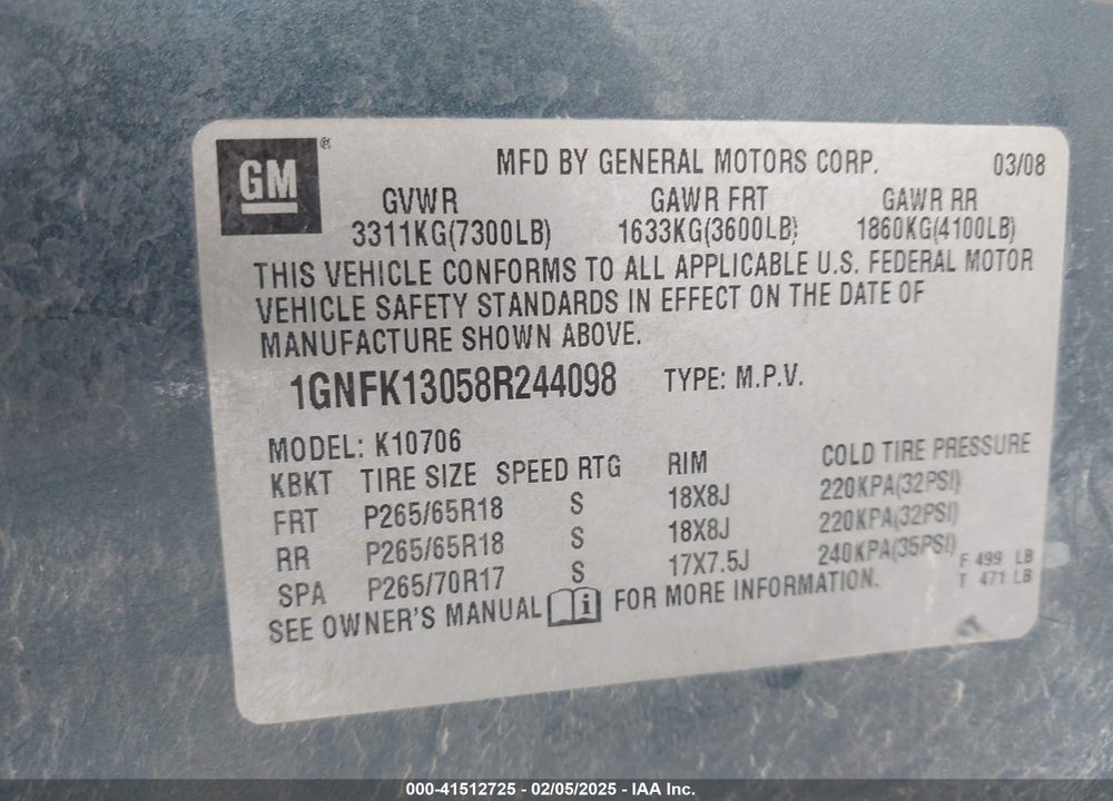 2008 CHEVROLET TAHOE LT VIN: 1GNFK13058R244098