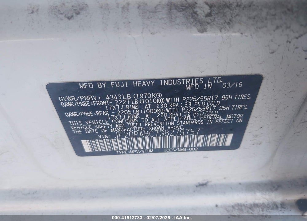 2016 SUBARU CROSSTREK 2.0I PREMIUM VIN: JF2GPABC7G8279757