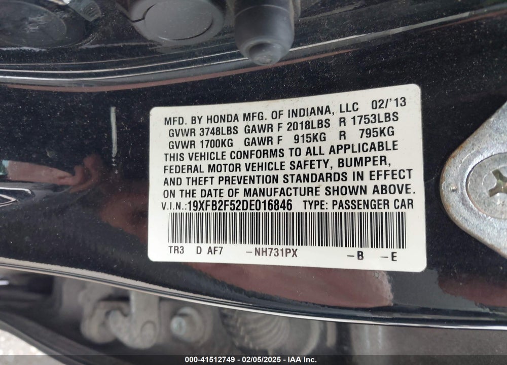 2013 HONDA CIVIC VIN: 19XFB2F52DE016846