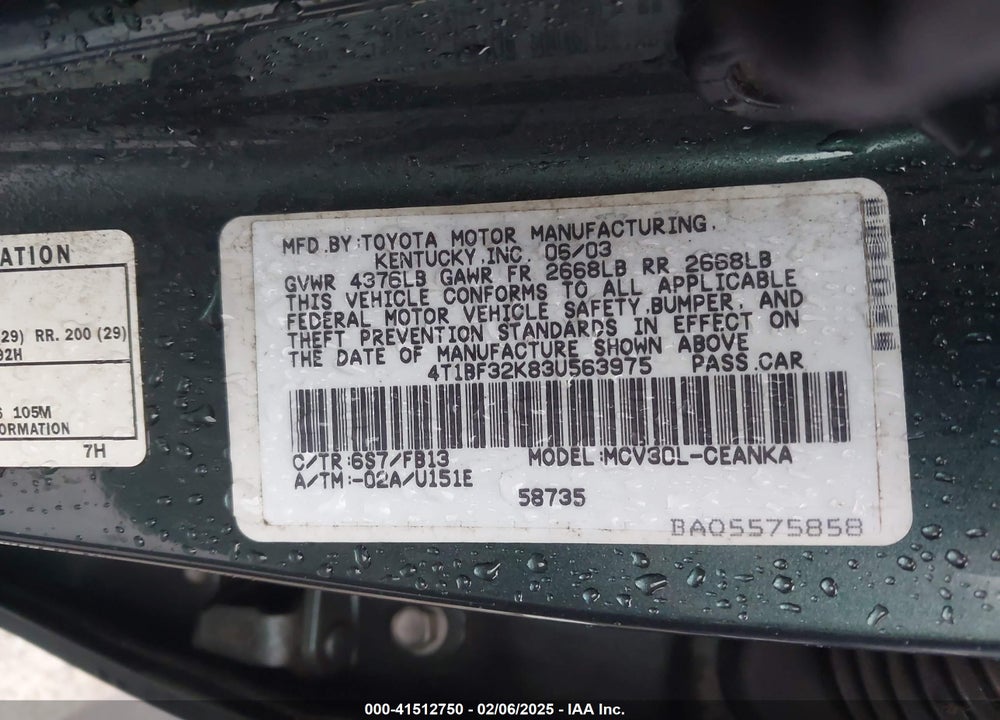 2003 TOYOTA CAMRY LE V6 VIN: 4T1BF32K83U563975