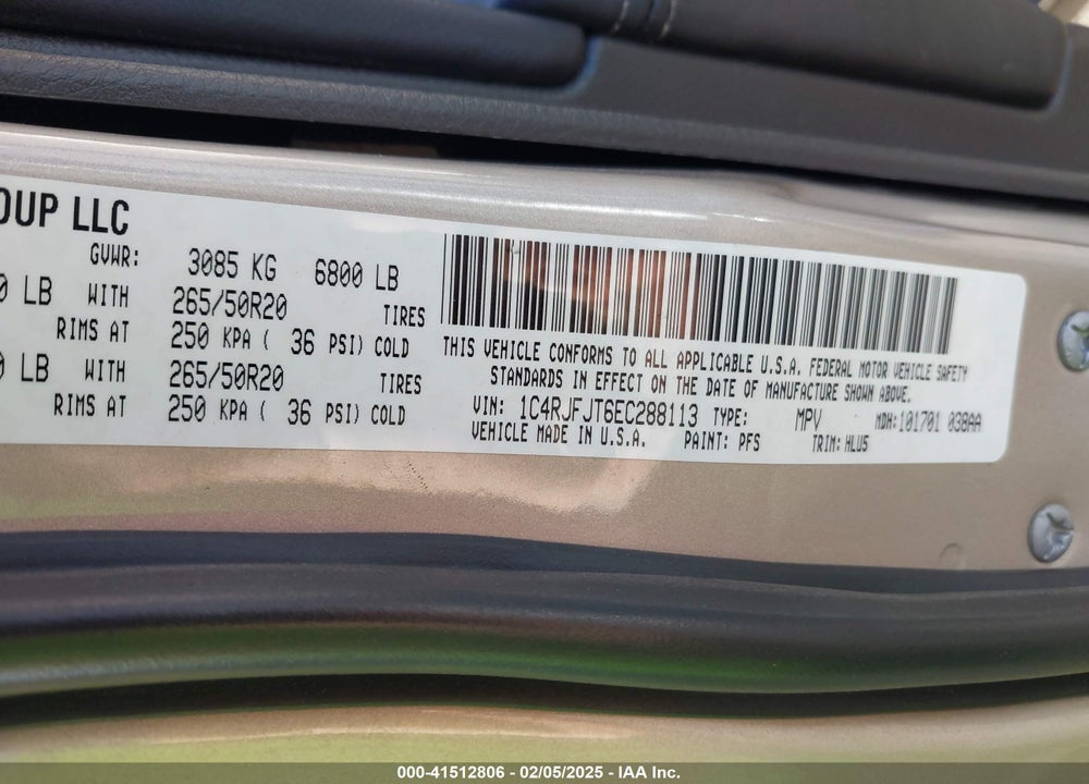 2014 JEEP GRAND CHEROKEE VIN: 1C4RJFJT6EC288113