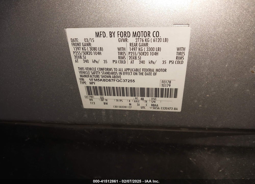2015 FORD EXPLORER VIN: 1FM5K8D87FGC37255