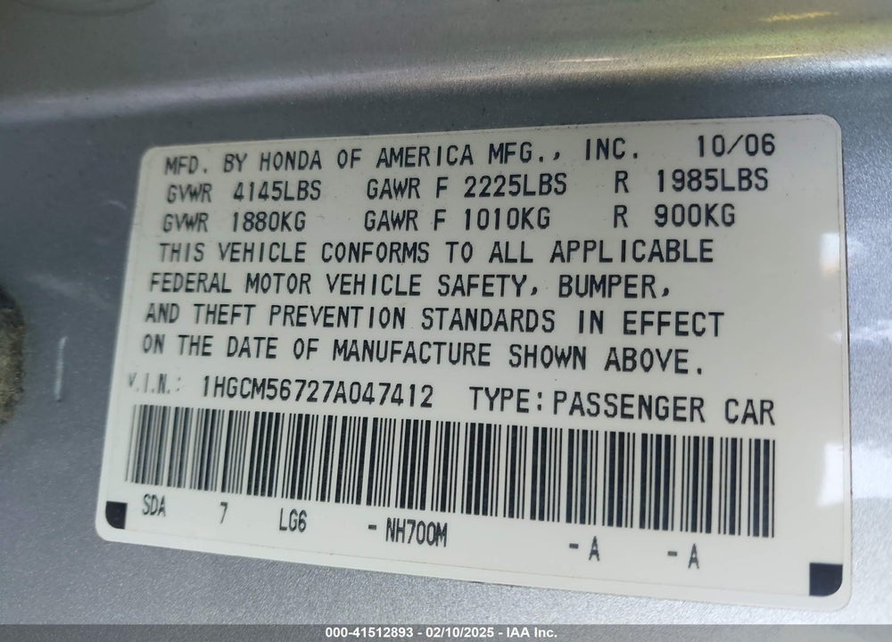 2007 HONDA ACCORD VIN: 1HGCM56727A047412