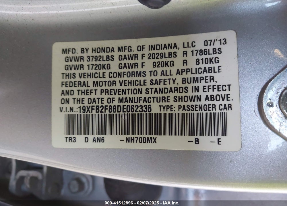 2013 HONDA CIVIC VIN: 19XFB2F88DE062336