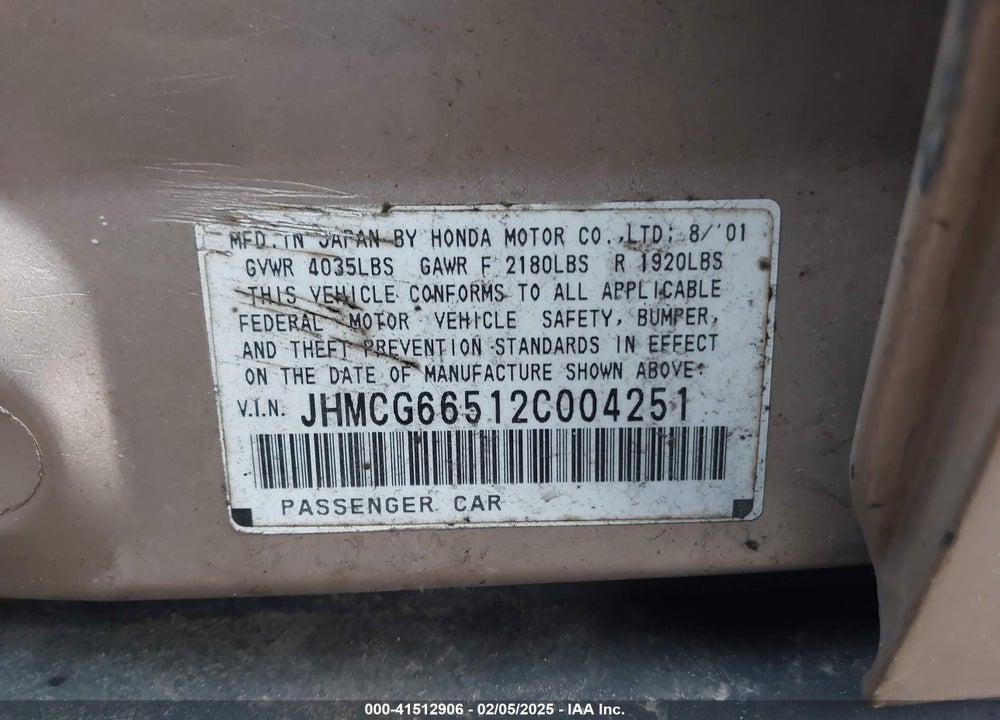 2002 HONDA ACCORD 2.3 LX VIN: JHMCG66512C004251