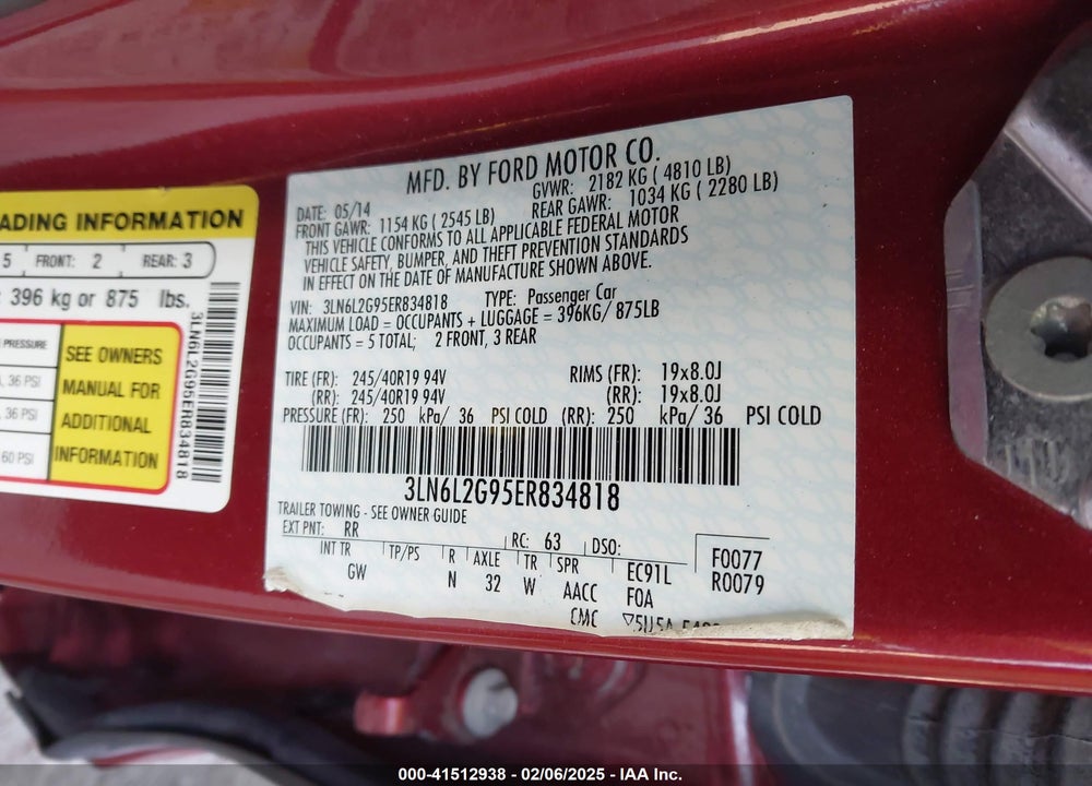2014 LINCOLN MKZ VIN: 3LN6L2G95ER834818