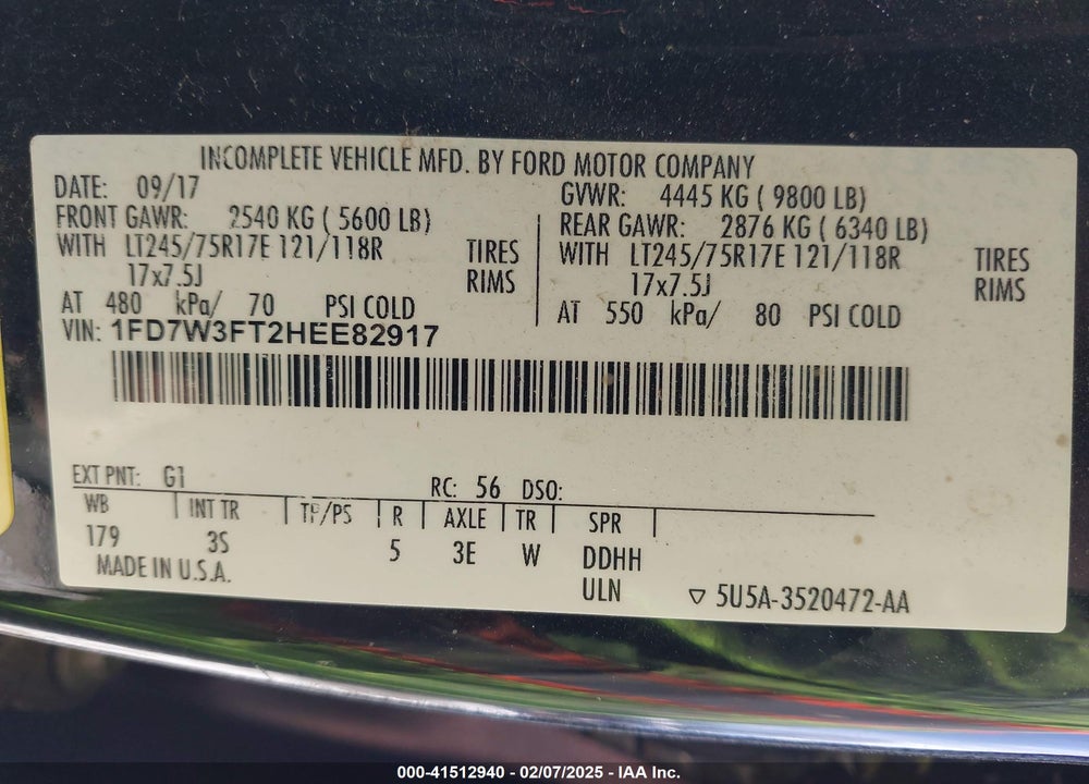 2017 FORD F-350 CHASSIS VIN: 1FD7W3FT2HEE82917