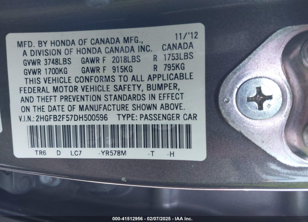 2013 HONDA CIVIC LX VIN: 2HGFB2F57DH500596