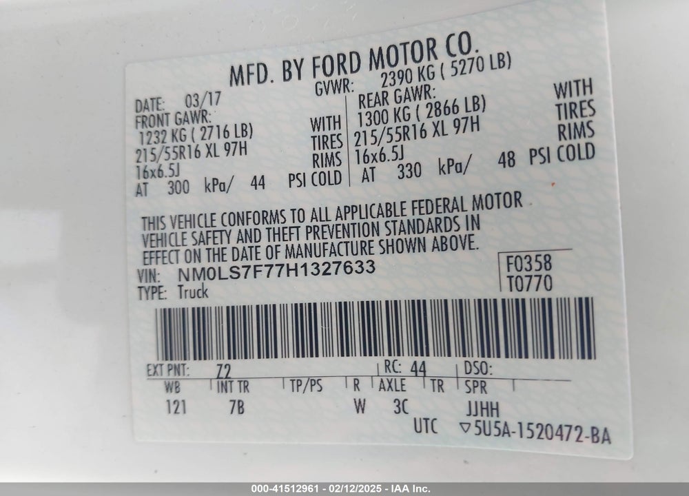 2017 FORD TRANSIT CONNECT XLT VIN: NM0LS7F77H1327633