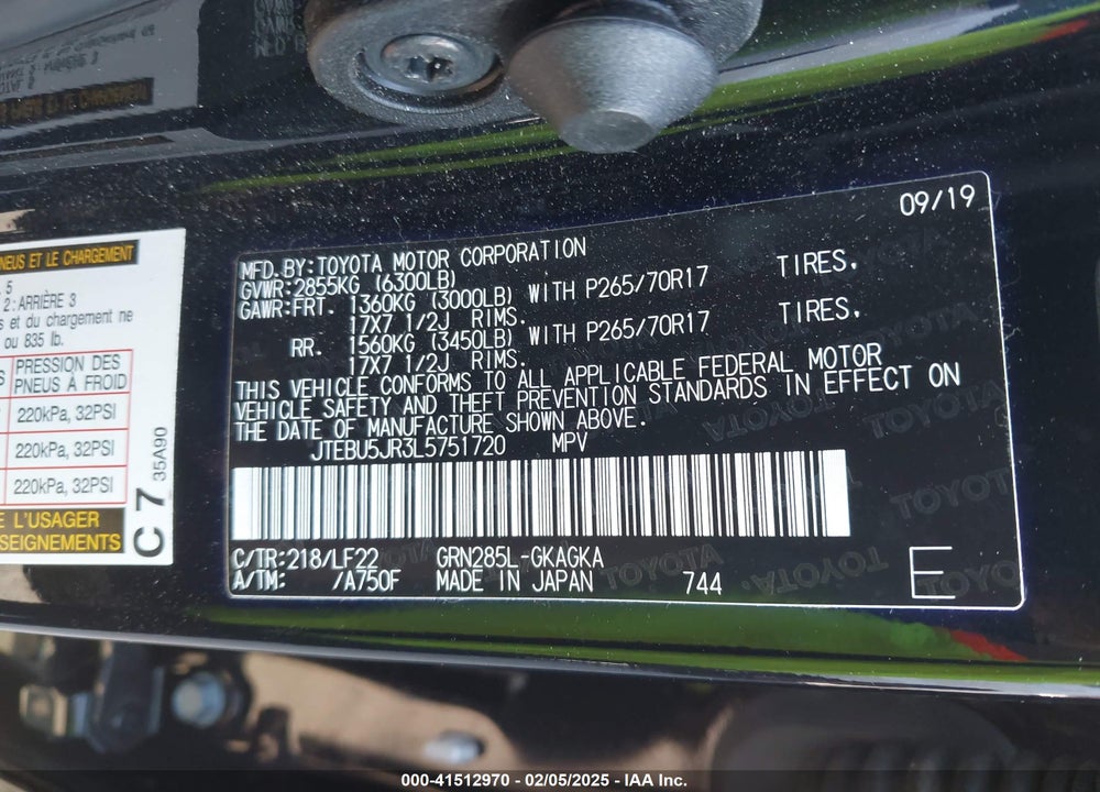 2020 TOYOTA 4RUNNER VIN: JTEBU5JR3L5751720