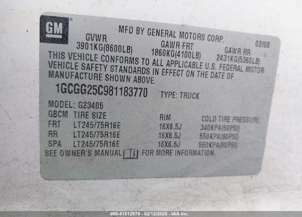 2008 CHEVROLET EXPRESS WORK VAN VIN: 1GCGG25C981183770