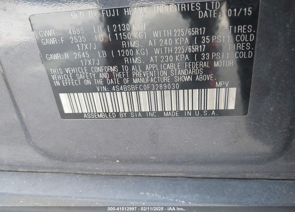 2015 SUBARU OUTBACK 2.5I PREMIUM VIN: 4S4BSBFC0F3289030