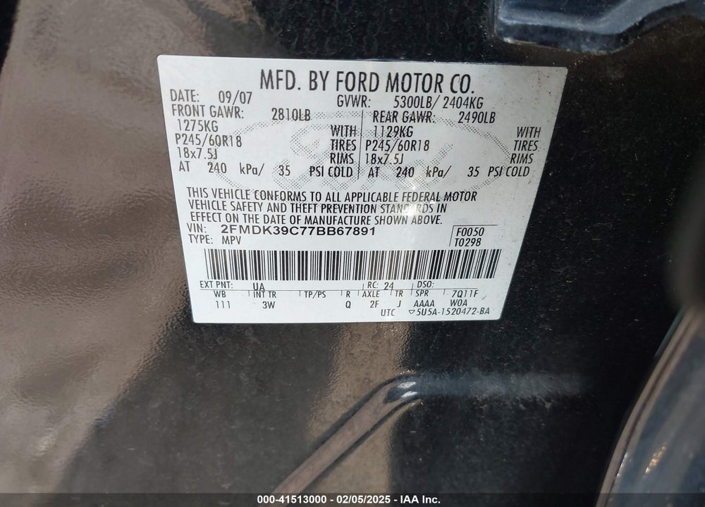 2007 FORD EDGE SEL PLUS VIN: 2FMDK39C77BB67891