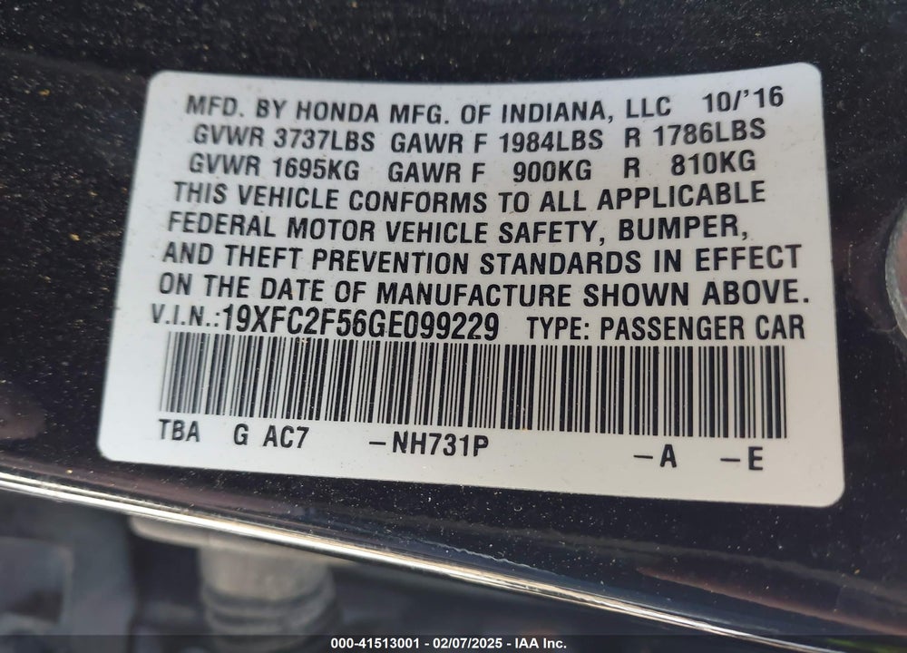 2016 HONDA CIVIC VIN: 19XFC2F56GE099229