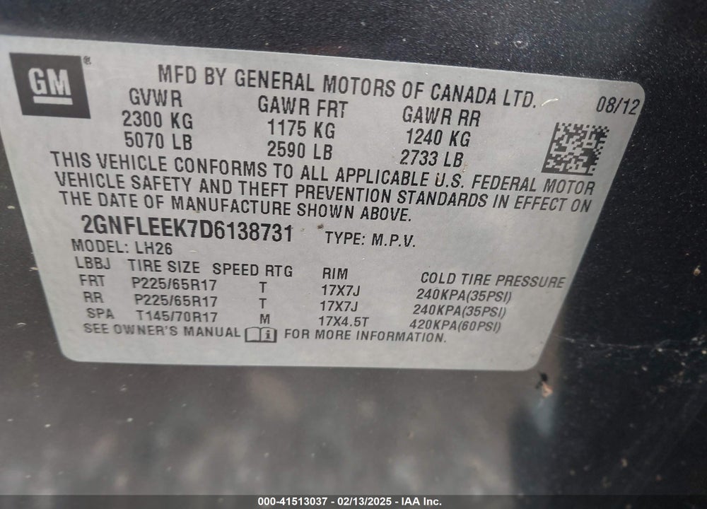 2013 CHEVROLET EQUINOX 1LT VIN: 2GNFLEEK7D6138731