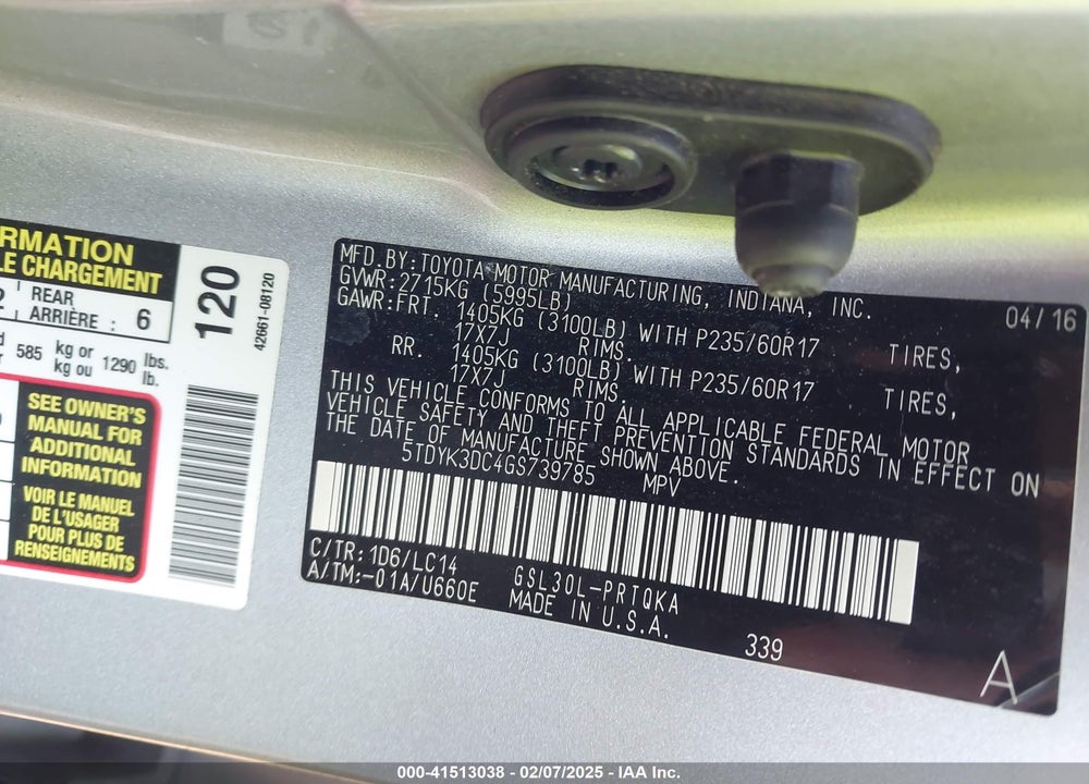 2016 TOYOTA SIENNA XLE PREMIUM 8 PASSENGER VIN: 5TDYK3DC4GS739785