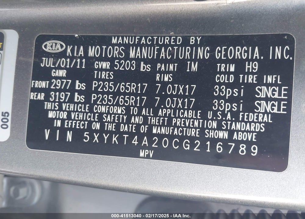 2012 KIA SORENTO VIN: 5XYKT4A20CG216789