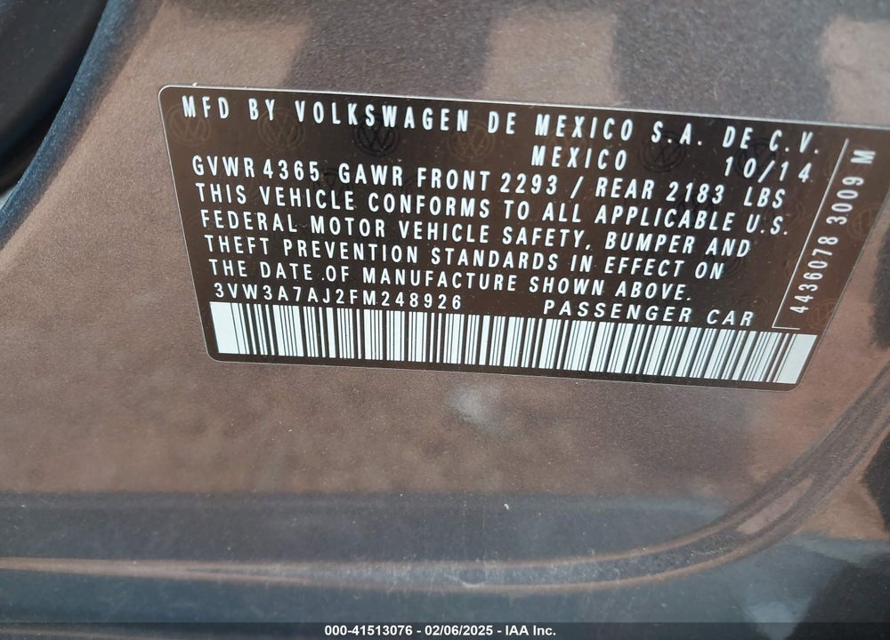 2015 VOLKSWAGEN JETTA VIN: 3VW3A7AJ2FM248926