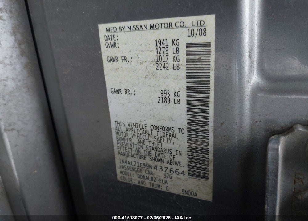 2009 NISSAN ALTIMA 2.5 S VIN: 1N4AL21E99N437664