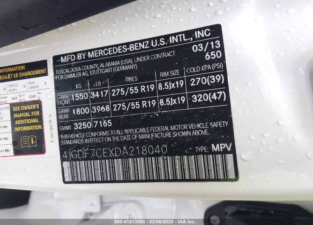 2013 MERCEDES-BENZ GL 450 4MATIC VIN: 4JGDF7CEXDA218040