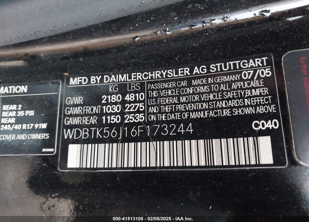 2006 MERCEDES-BENZ CLK 350 VIN: WDBTK56J16F173244