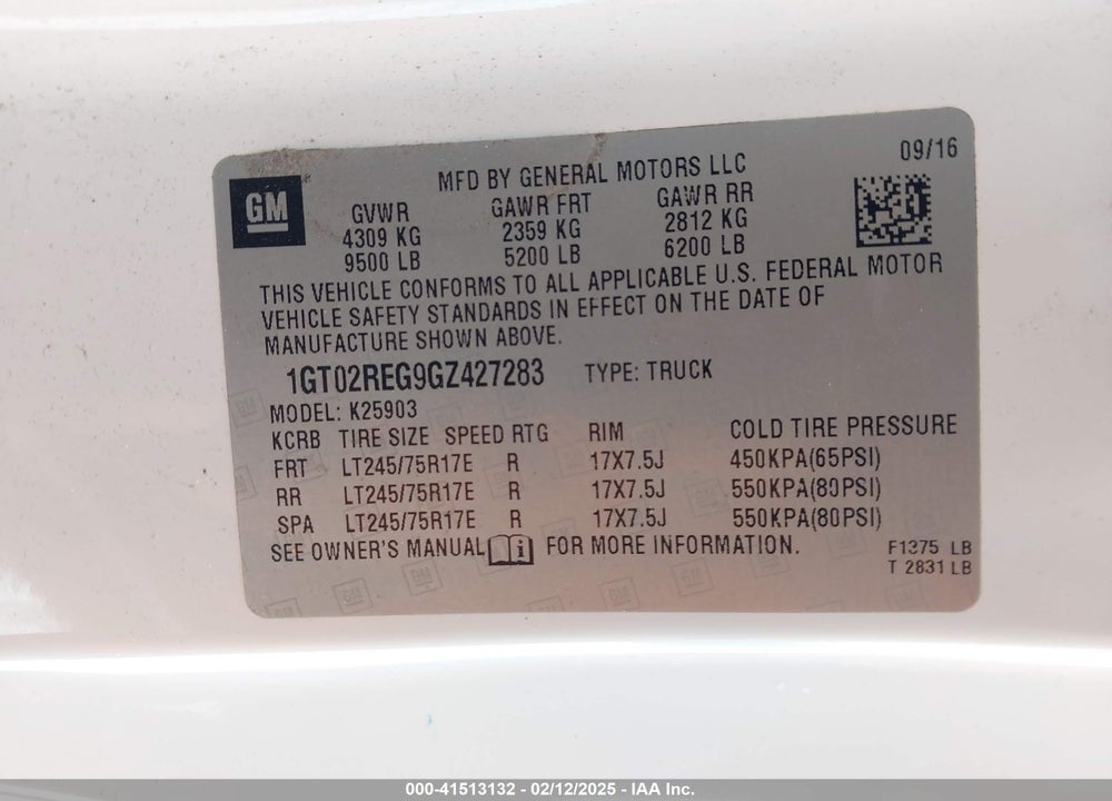 2016 GMC SIERRA 2500HD VIN: 1GT02REG9GZ427283