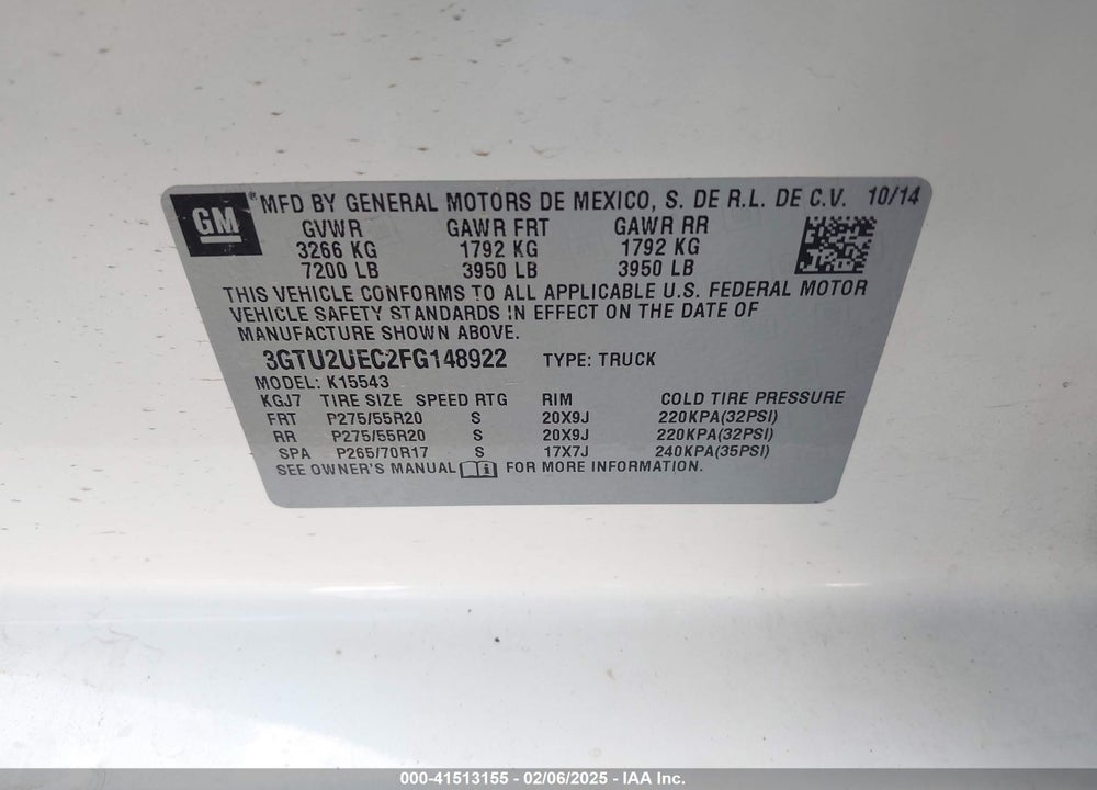 2015 GMC SIERRA 1500 VIN: 3GTU2UEC2FG148922