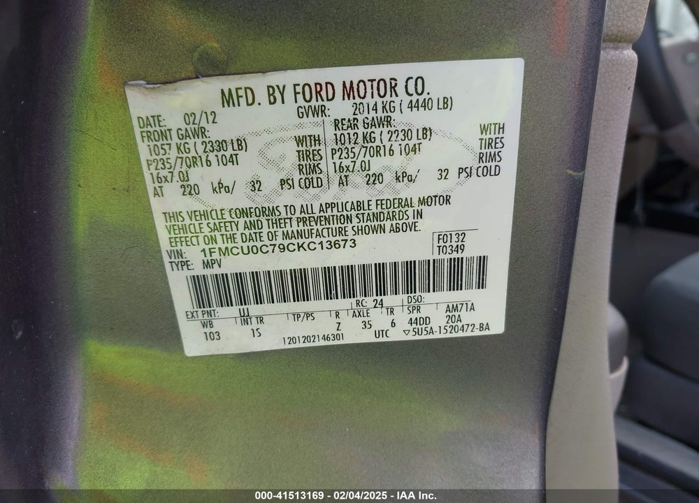 2012 FORD ESCAPE XLS VIN: 1FMCU0C79CKC13673