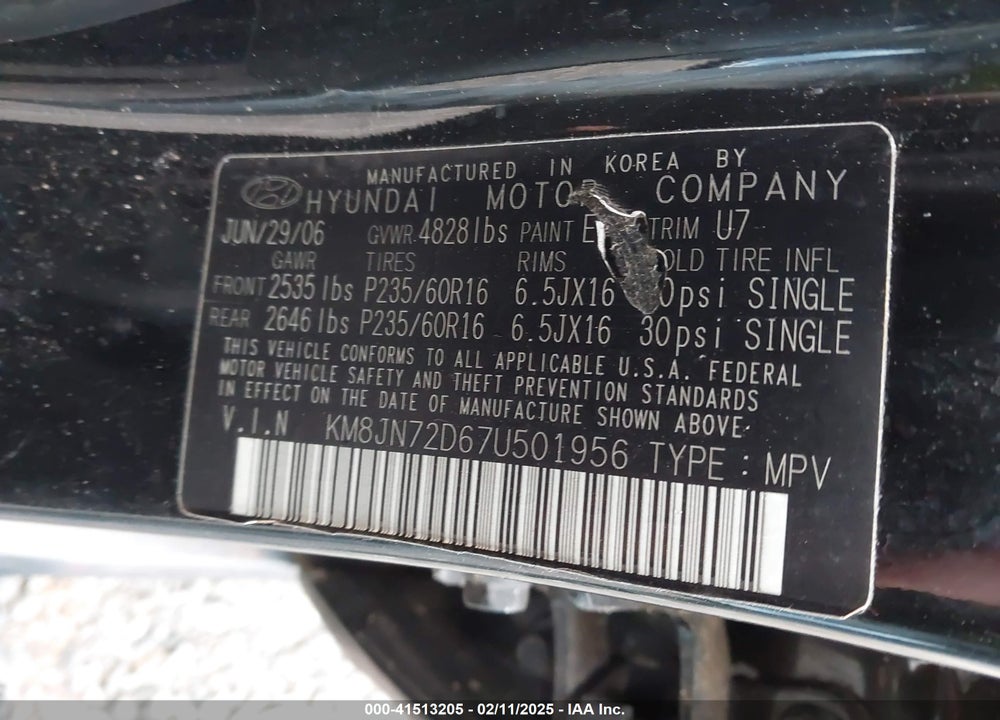 2007 HYUNDAI TUCSON LIMITED/SE VIN: KM8JN72D67U501956