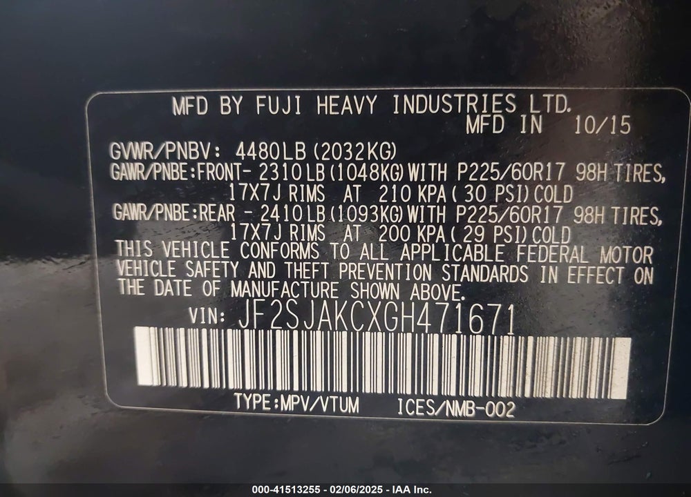 2016 SUBARU FORESTER 2.5I LIMITED VIN: JF2SJAKCXGH471671